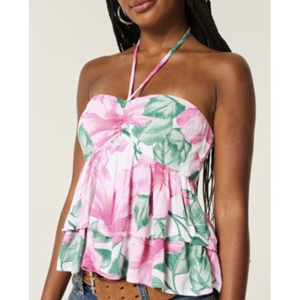 Hollister Babydoll Halter Top Womens Medium Tank Floral Ruffle Tiered Boho Beach